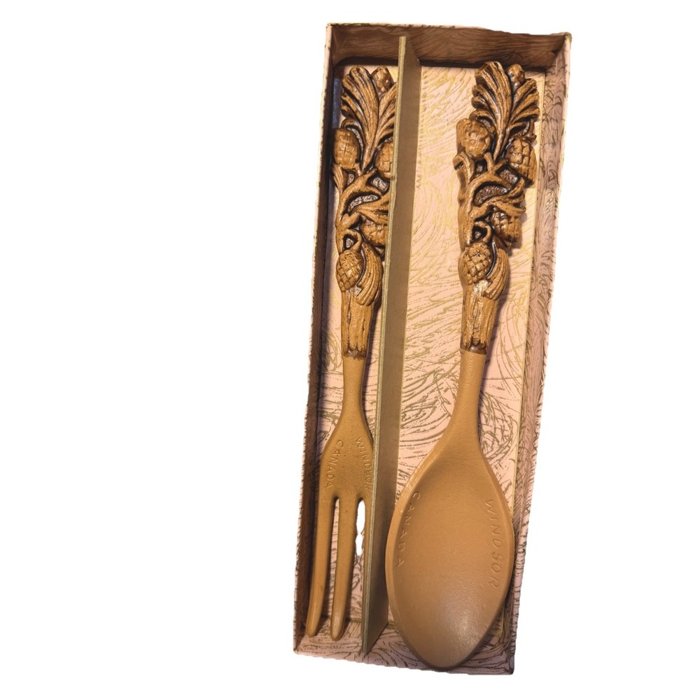 Vintage Hand‎ Carved Salad Serving Spoon Fork Set By Windsor Fruit Carvings